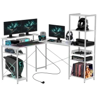 HOMCOM L-kształtne biurko narożne z zintegrowanym gniazdkiem, stojakiem na monitor i półką na przechowywanie, biały(m-1)