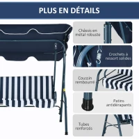 Outsunny Balancelle de Jardin 3 Places Toit imperméabilisé Inclinaison réglable Coussins Assise Dossier Bleu Blanc rayé(m-5)