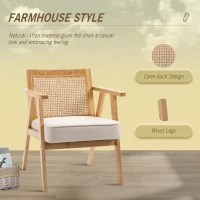 HOMCOM Comfortable Lounge Chair Rattan Chair with Thick Cushion - Rattan Backrest - Deep Seat - Hevea Wood Frame Linen-Look Beige(m-4)