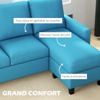 HOMCOM Canapé d'angle canapé 3 places avec méridienne réversible gauche ou droite pour salon, bureau, appartement bleu(m-4)