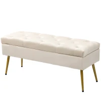 HOMCOM Banquette de Rangement en Velours, Tabouret Rembourré avec Design Capitonné, Structure Métallique, 102 x 35 x 43 cm, Beige(m-1)