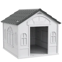 PawHut Casa para Cães 84,2x98,2x82 cm Casa para Cães com Janelas e Teto com Imitação de Telhas Casota para Cães Cinza(m-1)