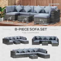 Outsunny 8 Piece Rattan Corner Sofa Set with Wide & Deep Seat, Assembled Aluminium PE Rattan Garden Furniture Set with Thick Cushions and Glass Top Table for Outdoor, Conservatory, Grey(m-6)