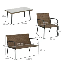 Outsunny Conjunto de Jardín de Ratán Sintético con 2 Sillones 1 Sofá de 2 Plazas y 1 Mesa de Cristal Templado Multicolor(m-3)