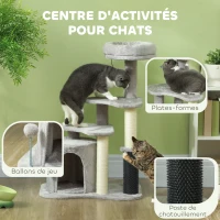 PawHut Arbre à chat arbre à grimper pour chat centre d'activités hauteur 87 cm à 3 niveaux - gris clair(m-4)