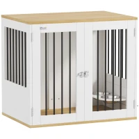 PawHut Gaiola para Cães 2 em 1 Mesa Auxiliar com 2 Portas com Trava Comedouro Giratório de 360° 2 Tigelas 80x55x71,5 cm Branco(m-10)
