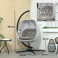 Outsunny Hanging Egg Chair Outdoor Indoor Garden Swing Chair with Folding Basket, Garden Hanging Chair with Stand, Thickened Cushion, Cup Holder for Patio, Balcony, Sand Brown(m-3)