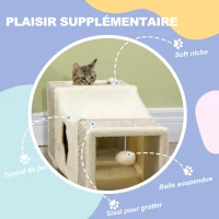 PawHut Tunnel pour chat intérieur jouets pour chats avec balle suspendue entrées multiples en sisal 98 x 30 x 30 cm crème(m-5)