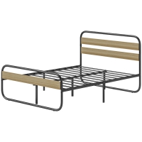 HOMCOM Doppelbett 140 x 190 cm, Bettgestell aus Stahl im industriellen Stil, Kopf- und Fußteil inklusive Lattenrost, Holzoptik
