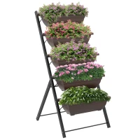Outsunny Erhöhter Blumenkasten mit Etagen, vertikaler Blumenkasten mit 5 Blumentöpfen, Abflusslöcher, Stahlrahmen, Braun(m-6)