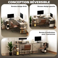HOMCOM Bureau d'angle modulable réversible 168-240 cm style industriel - étagère réglable, sac de rangement, support d'écran(m-5)