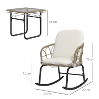 Outsunny Conjunto de Móveis de Vime de 3 Peças Conjunto de 2 Cadeiras de Baloiço 1 Mesa de Centro e Almofadas Creme e Bege(m-3)