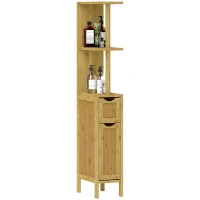 HOMCOM Badezimmerschrank Badezimmerschrank mit 2 offenen Regalen 2 Schränken aus Bambus 18B x 30T x 120H cm Naturholz(m-6)