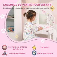HOMCOM Coiffeuse Enfant avec Tabouret, Miroir triptyque et tiroir Coulissant - Coiffeuse dim. 63L x 40l x 85,5H cm(m-4)
