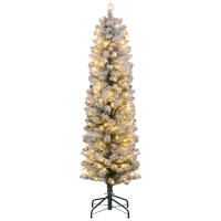 HOMCOM Sapin de Noël artificiel 150 cm avec éclairage LED blanc chaud, 263 branches enneigées, base en métal, réaliste et fin