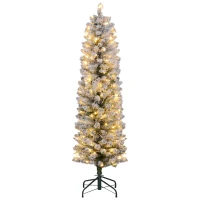 HOMCOM Sapin de Noël artificiel 150 cm avec éclairage LED blanc chaud, 263 branches enneigées, base en métal, réaliste et fin(m-1)