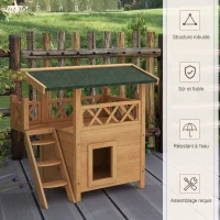 PawHut Maison lodge pour chats sauvage errants avec terrasse escalier 77 x 50 x 73 cm bois naturel et vert(m-6)