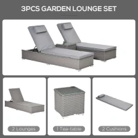 Outsunny 3 Pieces Rattan Sun Lounger Set with Aluminium Frame, 5-Position Adjustable Reclining Garden Chairs and Glass Top Table, Wicker Garden Furniture Daybed with Cushions for Patio, Grey(m-5)