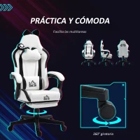 HOMCOM Silla Gamer Reclinable con Altura Ajustable Reposapiés Retráctil Soporte Lumbar y Reposacabezas Desmontable Blanco(m-7)