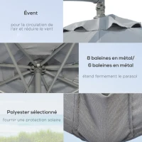 Outsunny Parasol déporté octogonal rabattable diamètre 3 m parasol de jardin avec pied en croix gris foncé(m-6)