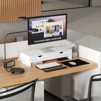 HOMCOM Suporte para Monitor com Ângulo e Comprimento Ajustável e 2 Gavetas para Escritório 60-116x22x12 cm Branco(m-9)