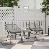 Outsunny 3 Pieces Rattan Bistro Set, Wicker Small Garden Table and Chairs Set with Cushions and Glass Top Coffee Table, Bistro Garden Furniture Set for Outdoor, Patio, Balcony, Light Grey(m-2)
