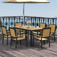 Outsunny 6 Seater Garden Dining Set with Stackable Chairs, Aluminium Frame, Rectangular Plastic Top, Garden Furniture Set, Outdoor Dining Table and Chairs for Patio, Balcony, Poolside, Nature Wood(m-2)