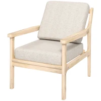HOMCOM Fauteuil design minimaliste structure bois, 2 coussins amovibles recouvert de tissu effet lin, accoudoirs, beige(m-1)