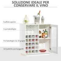 HOMCOM Mobiletto Portabottiglie Vini con Porta Calici e Armadietto, Capacità 20 Bottiglie, 80x36x85 cm, Bianco(m-4)