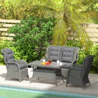 Outsunny Garden PE Rattan Dining Sofa Set, Outdoor 4 Seater Wicker Furniture, High Back Chairs with Cushions, Tempered Glass Coffee Table for Patio, Light Grey(m-8)