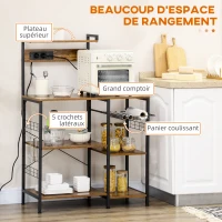 HOMCOM Meuble de cuisine avec prises intégrées pour micro-ondes avec étagères, style industriel, 90x42x130cm, marron(m-6)