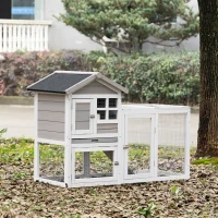 PawHut Kaninchenstall Hütte - oberes Gehege mit Rampe und Außengehege - herausziehbare Schublade, bitumiertes Dach, 4 verriegelbare Türen - Maße 128L x 64B x 92H cm Fichtenholz Weiß Grau(m-2)