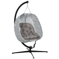 Outsunny Hanging Egg Chair Outdoor Indoor Garden Swing Chair with Folding Basket, Garden Hanging Chair with Stand, Thickened Cushion, Cup Holder for Patio, Balcony, Sand Brown(m-1)