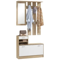 HOMCOM Eingangsmöbel Set mit Garderobenpaneel, Spiegel und Schuhschrank - 6 Haken und verstellbares Regal(m-6)