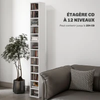 HOMCOM Rangements pour CD et DVD avec 12 compartiments, capacité max. 204 CD, 21 x 20 x 175 cm, blanc(m-4)