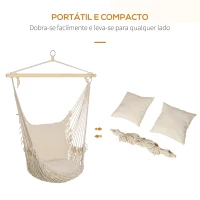 Outsunny Cadeira Suspensa Cadeira Rede Suspensa com 2 Almofadas de Algodão Barra de Madeira para Interior e Exterior 120x90 cm Creme(m-7)