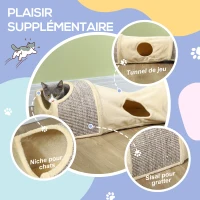PawHut Tunnel pour chat, jeu pour chat, avec 2 niches en sisal, trous de porte, pour intérieur, 107L x 38l x 29H cm, beige(m-5)