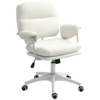 HOMCOM Chaise de bureau réglable en hauteur avec coussin doux et revêtement en simili cuir, roulettes flexibles et fonction d'inclinaison, Blanc(m-6)