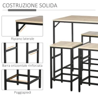 HOMCOM Set Tavolo Alto con 4 Sgabelli Stile Industriale in Metallo e Legno, Rovere Chiaro(m-5)