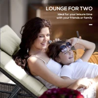 Outsunny Double Rattan Sun Lounger, Garden Daybed with 5-Level Adjustable Backrest and Flip Side Trays, Wicker Outdoor Furniture Recliner with Cushions and Pillows for Patio, Cream White(m-7)