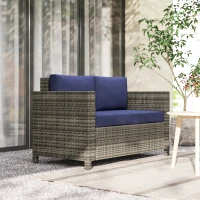 Outsunny Rattan Sofa, 2 Seater Garden Furniture with Soft Padded Cushion and Armrests, Wicker Garden Loveseat for Patio, Navy Blue(m-2)