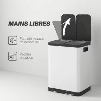 HOMCOM Poubelle de cuisine 2 x 30L avec pédale en acier inoxydable, 2 compartiments, couvercle à fermeture douce, 60L, blanc(m-6)