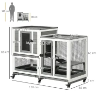 PawHut Innenhasenstall aus Holz mit Rollen 3 Etagen Rampen - Maße 110L x 50B x 86H cm - Grau und Weiß(m-3)