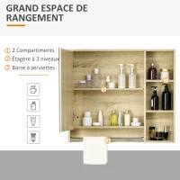 kleankin Meuble salle de bain avec miroir, armoire murale avec porte-serviettes, 3 niches, placard et étagère réglable, naturel(m-4)