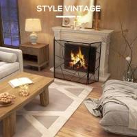 HOMCOM Pare feu cheminée pliable 3 panneaux en acier avec décor géométrique et pieds antidérapants, 135l x 1,2P x 85H cm, noir(m-6)