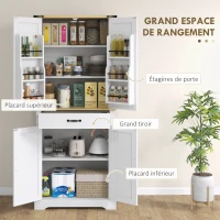 HOMCOM Armoire de cuisine buffet cuisine, 4 portes, 6 étagères à porte,1 tiroir et étagères réglables 76,5 x 40 x 181 cm blanc(m-4)