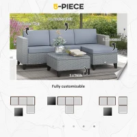 Outsunny 5-Piece Rattan Patio Furniture Set with Corner Sofa, Footstools, Coffee Table, for Poolside, Grey(m-4)