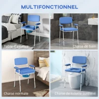 HOMCOM Chaise percée toilette multifonctions seau amovible hauteur réglable avec dossier siège et accoudoirs rembourrés bleu(m-4)