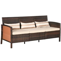 Outsunny Canapé en rotin avec coussins, Trois places, Canapé de jardin, Acier, Marron, 173 x 68 x 78 cm(m-6)