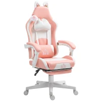 HOMCOM Cadeira Gaming com Orelhas Cadeira Gamer Reclinável com Altura Ajustável e Suporte Lombar 65x62x116-124 cm Rosa e Branco(m-11)